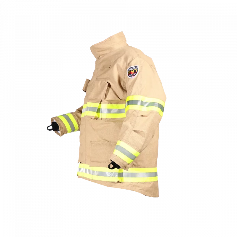 Side view of Fire-Dex® FXM Express custom turnout coat, highlighting protective features and ergonomic design for firefighter safety and comfort.