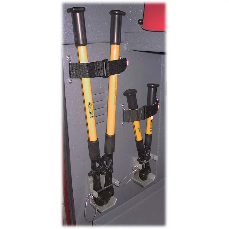 Two bolt cutters securely held in Ziamatic™ Bolt Cutter Brackets, demonstrating organized and reliable storage for quick access during emergency response.