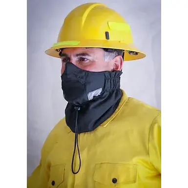Front left side view of a person wearing the Hot Shield® UB-V2 Wildland Firefighter Ultimate Bandanna, showcasing the flame-resistant fabric wrapped securely around the head and neck for optimal protection against heat and sparks.