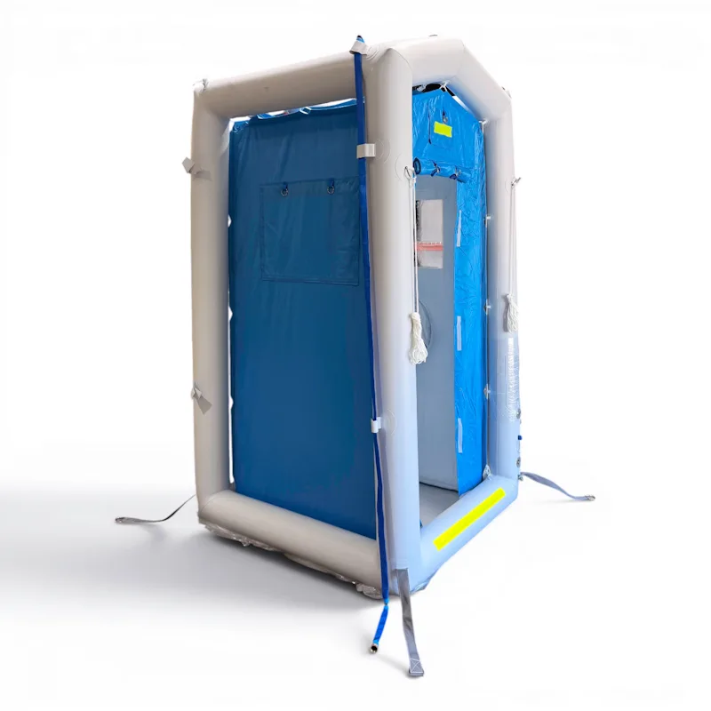 FSI® DAT1010S First Responder Decon Shower, inflatable stall showing interior with storage pocket and controls panel.