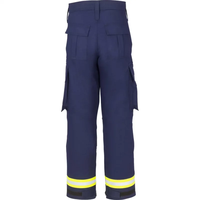 Back view of the Lakeland® 911 Series Extrication Pants (EXPT) in navy blue, highlighting reinforced flame-resistant fabric and ergonomic features designed for durability and mobility in emergency rescue operations.