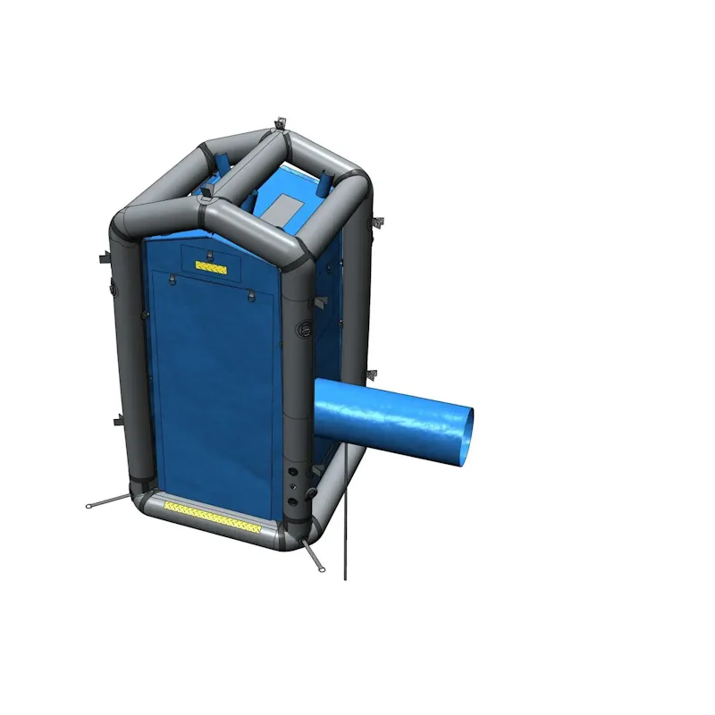 FSI® DAT1010S First Responder Decon Shower, rendered diagram with door closed and air duct connection visible.