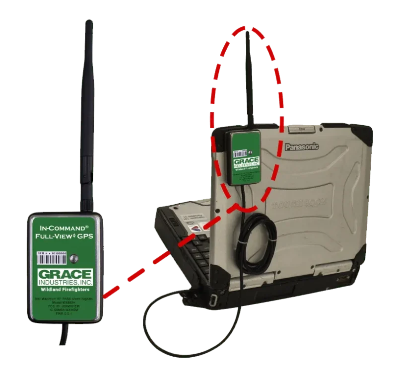 Grace Industries® In-Command®/Full View GPS™ Firefighter Signaling System featuring rugged green and gray housing, touchscreen display, and integrated GPS antenna for real-time firefighter tracking and accountability during emergency operations.