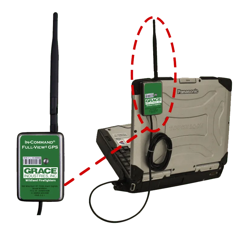 Grace Industries® In-Command®/Full View GPS™ Firefighter Signaling System featuring rugged green and gray housing, touchscreen display, and integrated GPS antenna for real-time firefighter tracking and accountability during emergency operations.