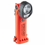 Front left side view of the Streamlight® Survivor Pivot® right-angle flashlight showing its pivoting LED head, yellow impact-resistant housing, and side-mounted belt clip designed for hands-free use in emergency and industrial environments.