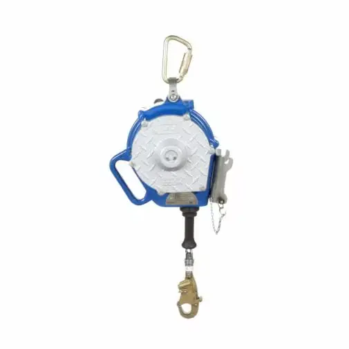 Front view of the 3M™ DBI-SALA® Sealed-Blok™ Self-Retracting Lifeline (Retrieval/Bracket) – 50 ft showing the sealed housing, mounted carabiner, and winch handle in the raised position for secure and efficient fall protection and retrieval.