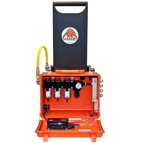 Air Systems® Blast-Air™ cart equipped with 50 CFM Breather-Box® filtration system, featuring 79 CFM flow capacity and 4 couplings for reliable compressed air delivery in industrial environments.