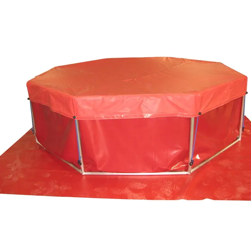 Red Husky® ground tarp and cover shown on an octagonal frame pool, with the cover fastened over the top.