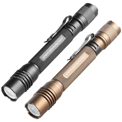 Two Streamlight® ProTac® 2AA-X USB flashlights, one in black and one in coyote tan, shown side by side with pocket clips and textured aluminum bodies.