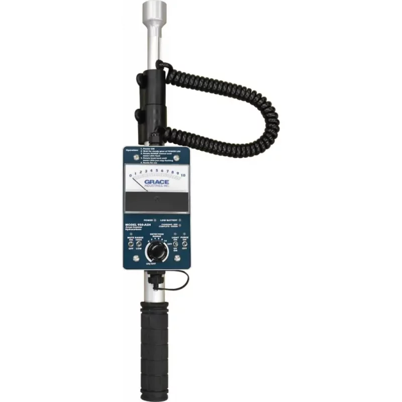 Grace Industries® Model 950-ASH accelerant and hydrocarbon detector standing up, designed for rapid identification of flammable substances to enhance safety in fire investigation and industrial environments.