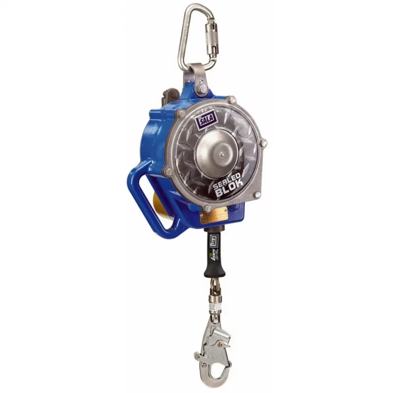Front view of the 3M™ DBI-SALA® Sealed-Blok™ Self-Retracting Lifeline – 30 ft showing sealed housing, securely attached carabiner, and raised winch handle for controlled retrieval and dependable fall protection in confined spaces.