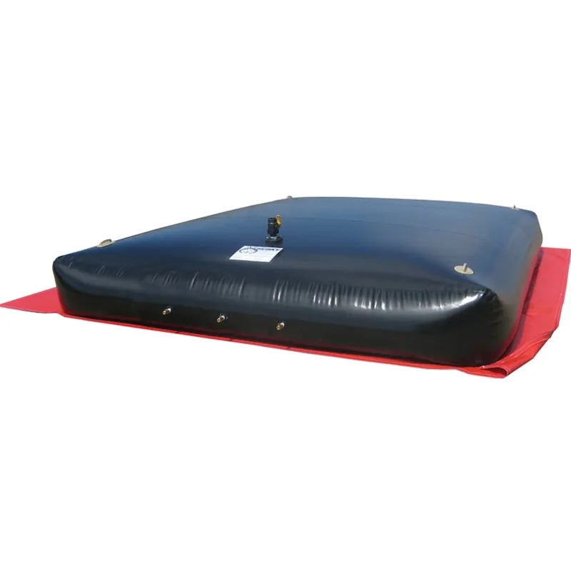 Black pillow-style Husky® tank with a top valve and side fittings, resting on a red Husky® ground tarp.