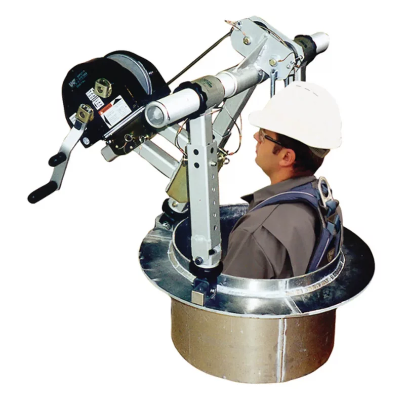 Person using the 3M™ DBI‑SALA® Advanced™ Tank Pod System with integrated winch, demonstrating safe, controlled confined-space tank entry and rescue with secure platform and articulating arm support.