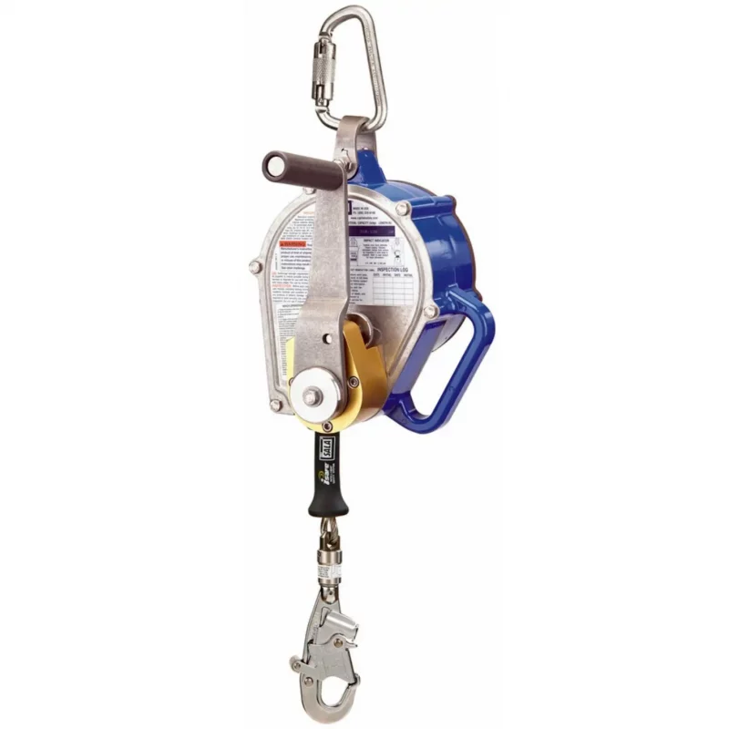 Back view of the 3M™ DBI-SALA® Sealed-Blok™ Self-Retracting Lifeline – 30 ft showing sealed housing, securely attached carabiner, and winch handle raised for safe and efficient fall protection and retrieval in confined spaces.