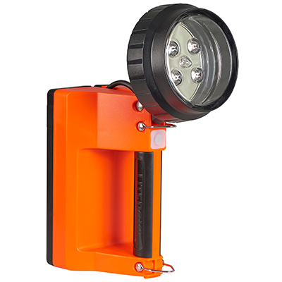 Streamlight® E-Flood® FireBox® lantern standing upright with its adjustable LED head tilted upward, showcasing its directional lighting capability, rugged base, and high-visibility orange housing for emergency use.
