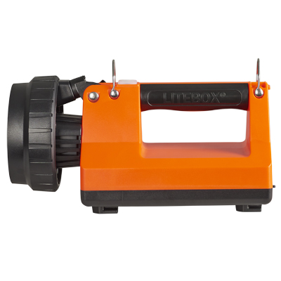 Side view of the Streamlight® E-Flood® FireBox® lantern showing its sturdy carry handle, wide LED lens housing, and durable orange polymer body designed for fire and emergency scene lighting.