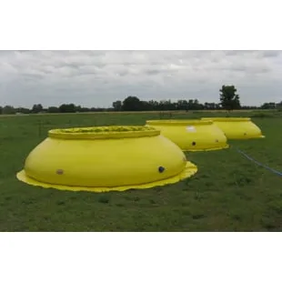 Three yellow Husky® self-supporting water tanks with flared bases on matching yellow Husky® ground tarps in a grassy field.