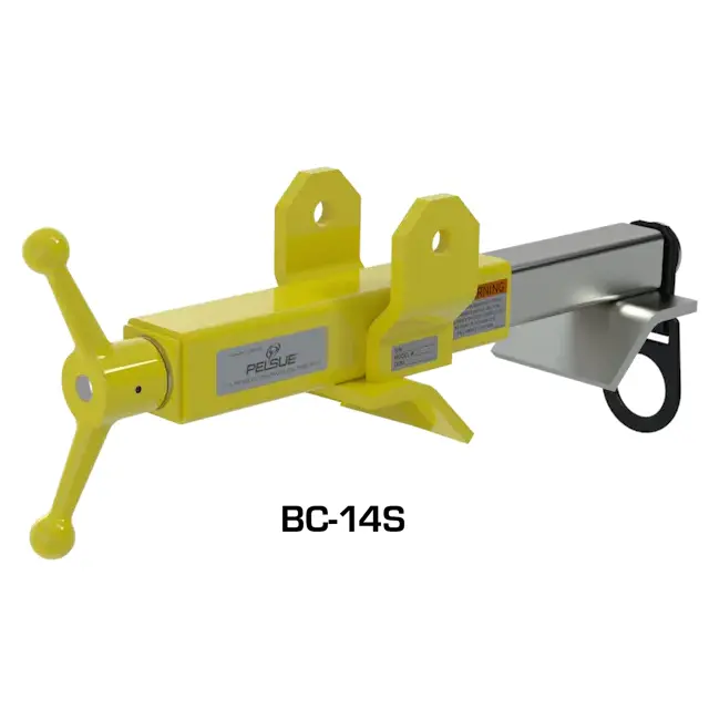 Pelsue® BC-14S Adjustable Beam Clamp Base designed for I-beam mounting, featuring heavy-duty steel construction, adjustable clamping jaws, and a secure anchoring point for confined space and fall protection equipment.