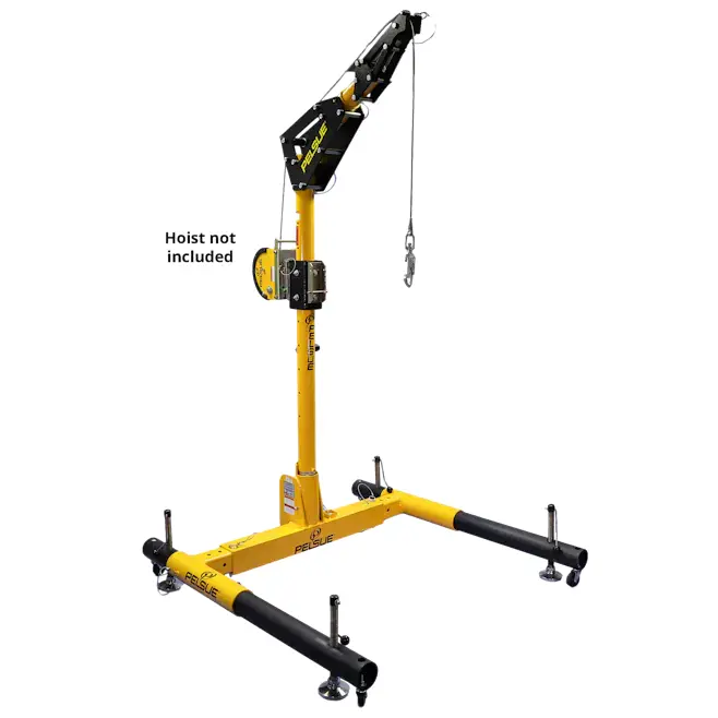 Pelsue® Portable Davit Fall Protection System shown fully assembled, featuring a sturdy davit arm, base, and winch for reliable confined space entry and rescue.
