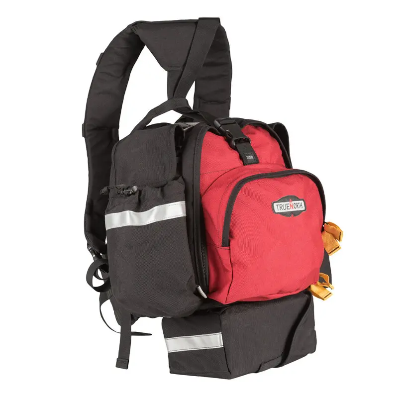 Front side view of the True North Gear Fireball™ Pack in red, showcasing padded shoulder straps, reinforced stitching, and multiple external pockets for organized and comfortable carrying during emergency response.