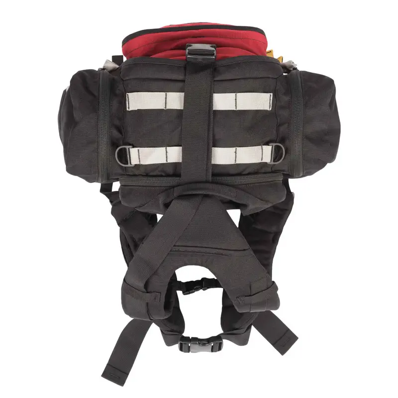 Top view of the red True North Gear Spitfire™ Pack, showcasing the spacious main compartment opening, reinforced handle, and rugged materials designed for quick gear access in wildfire and emergency response.