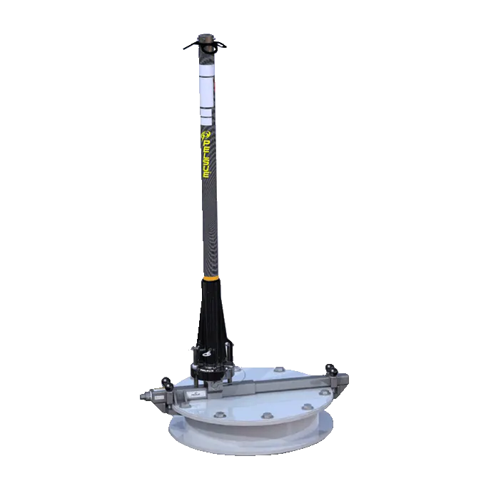 Pelsue® Uni-Lite Fall Arrest Post securely anchored to a flat surface, demonstrating its stable aluminum base and multiple attachment points for reliable fall protection on elevated work sites.