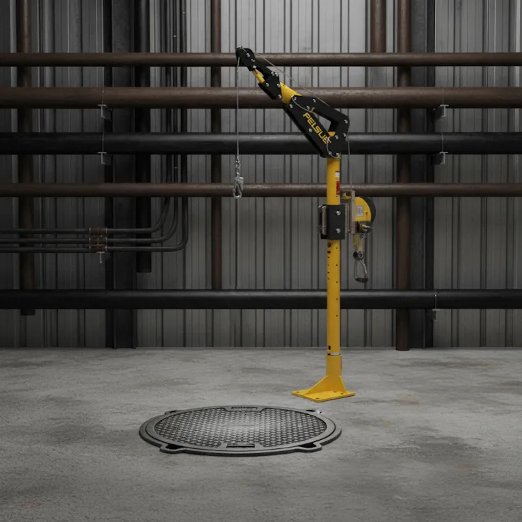 Pelsue® Permanent Base Davit Fall Protection System installed indoors over a covered manhole, used for confined space entry, rescue, and fall protection in industrial safety applications.