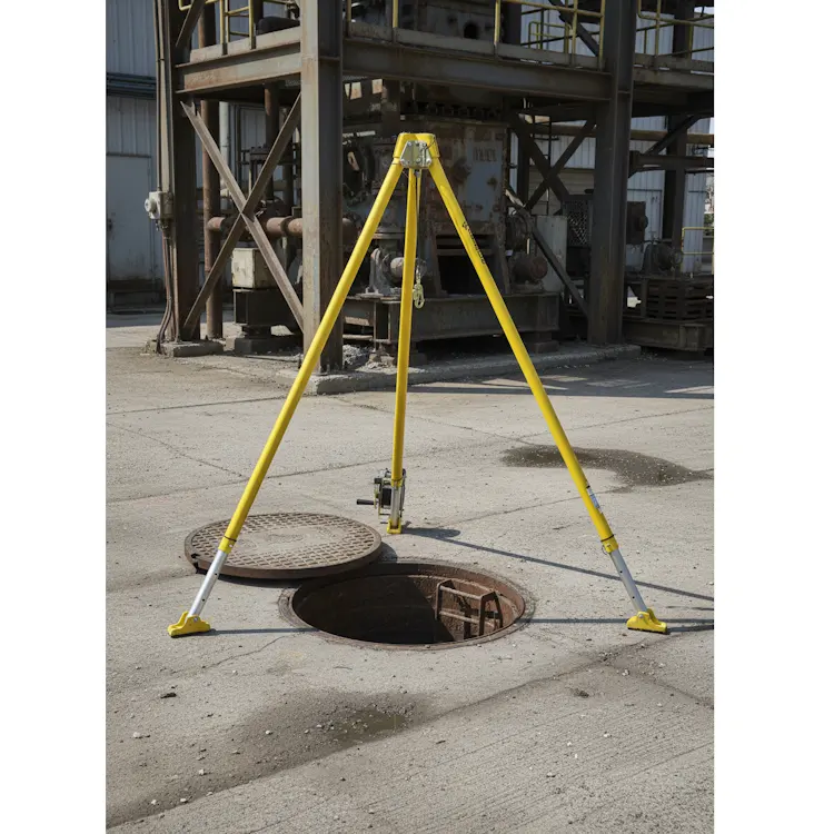 Pelsue® Rescue Tripod positioned over a manhole in use, providing confined space entry and rescue support for industrial and emergency operations.