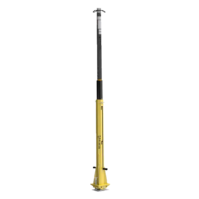 Pelsue® Uni-Lite Fall Arrest Post standing upright in bright yellow, featuring lightweight aluminum construction and multiple anchor points for high-visibility, secure fall protection.