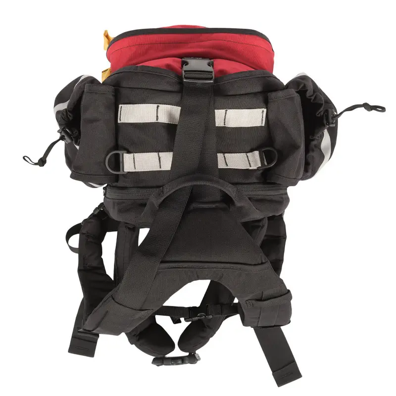 Top view of the True North Gear Fireball™ Pack in red, showing the main compartment opening, reinforced handle, and durable materials designed for quick access and rugged use in emergency situations.