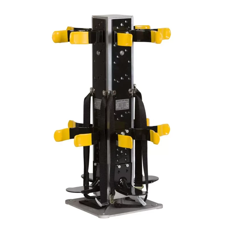 Ziamatic™ QUIC-INDEX Multiple Bracket Holder – Compact rotating platform securely stores up to four SCBAs or spare cylinders, utilizing WALKAWAY Spring Clip Brackets (sold separately) for efficient, space-saving organization in fire apparatus compartments.
