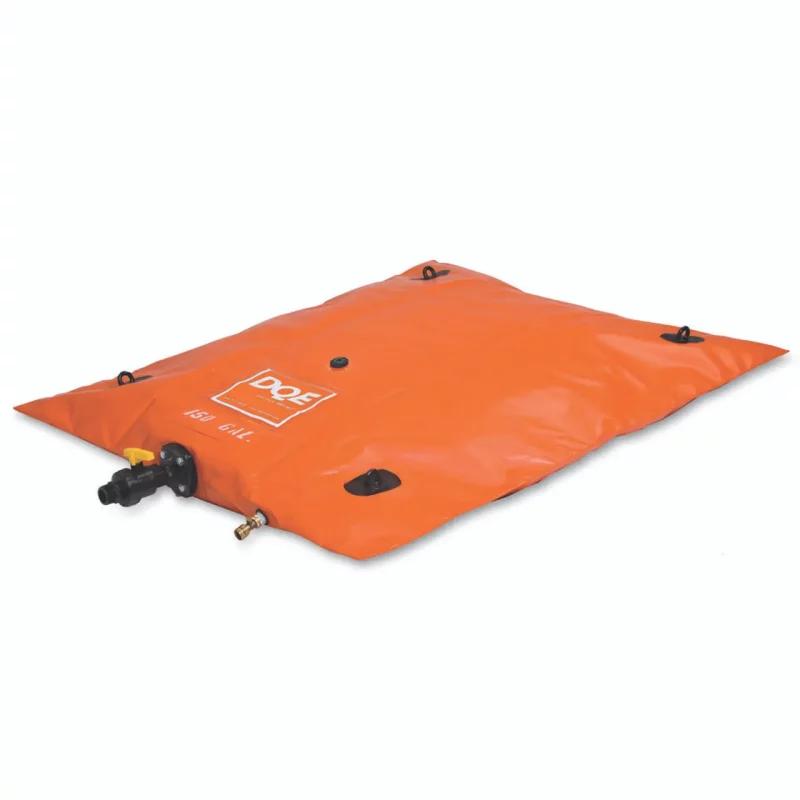 An orange, collapsible DQE® Flexible Wastewater Tank designed for temporary storage and containment of contaminated wastewater during decontamination and emergency response operations.