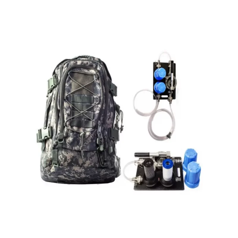 FSI® F-WPT-174 Battery Powered Mobile Water Filtration System – 2.9 GPM kit packed in a backpack, showcasing its compact and portable design for easy transport and rapid deployment in the field.