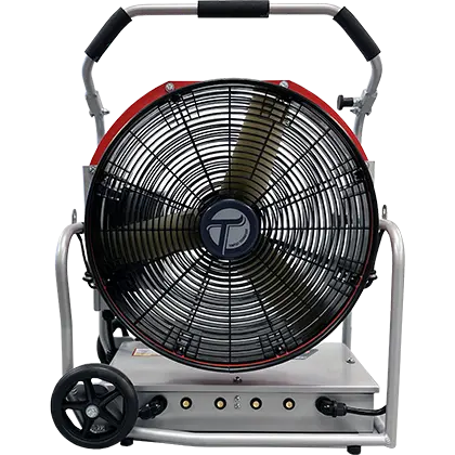 Front view of the Tempest VS-1.3H Tech Series Positive Pressure Blower powered by HURST® batteries, showcasing its durable frame and high-efficiency fan design.