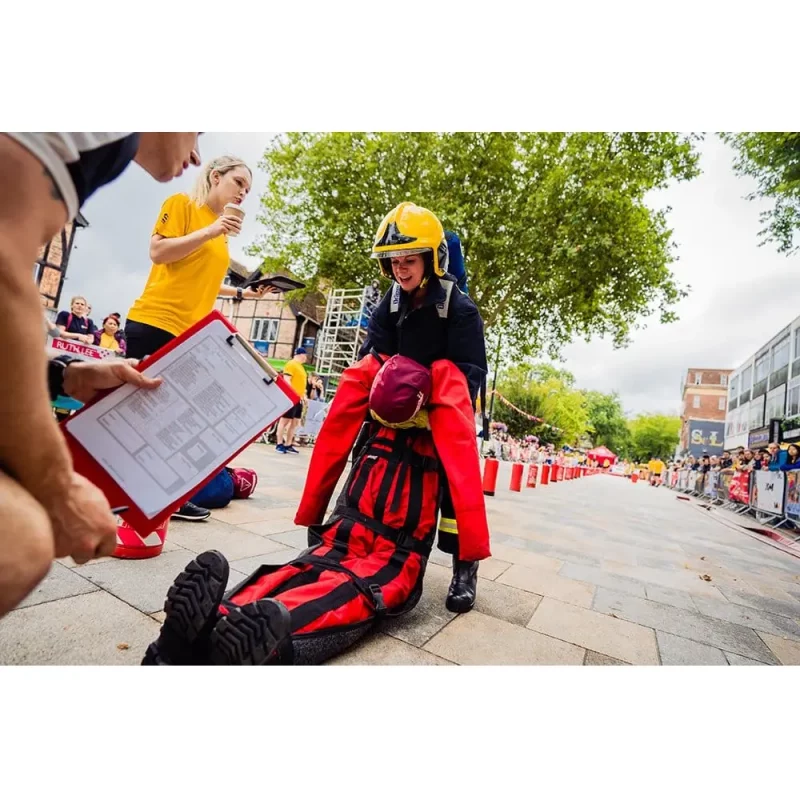 A Ruth Lee™ Casualty Evacuation Manikin being dragged by a rescue team during a simulated emergency evacuation training exercise.