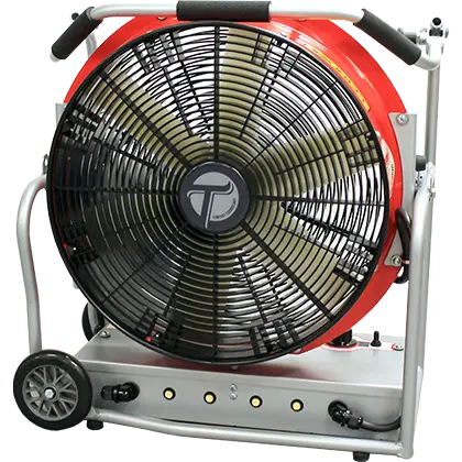 Front-side view of the Tempest VS-1.3H Tech Series Positive Pressure Blower powered by HURST® batteries, highlighting its robust construction and compact, high-performance design.