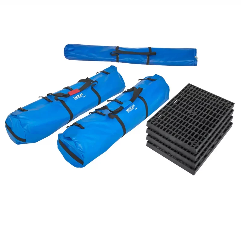 Three carrying bags for the DQE® MasCas® II Decontamination Shower System, highlighting the portable and organized storage solution for easy transport and quick setup during emergency response.