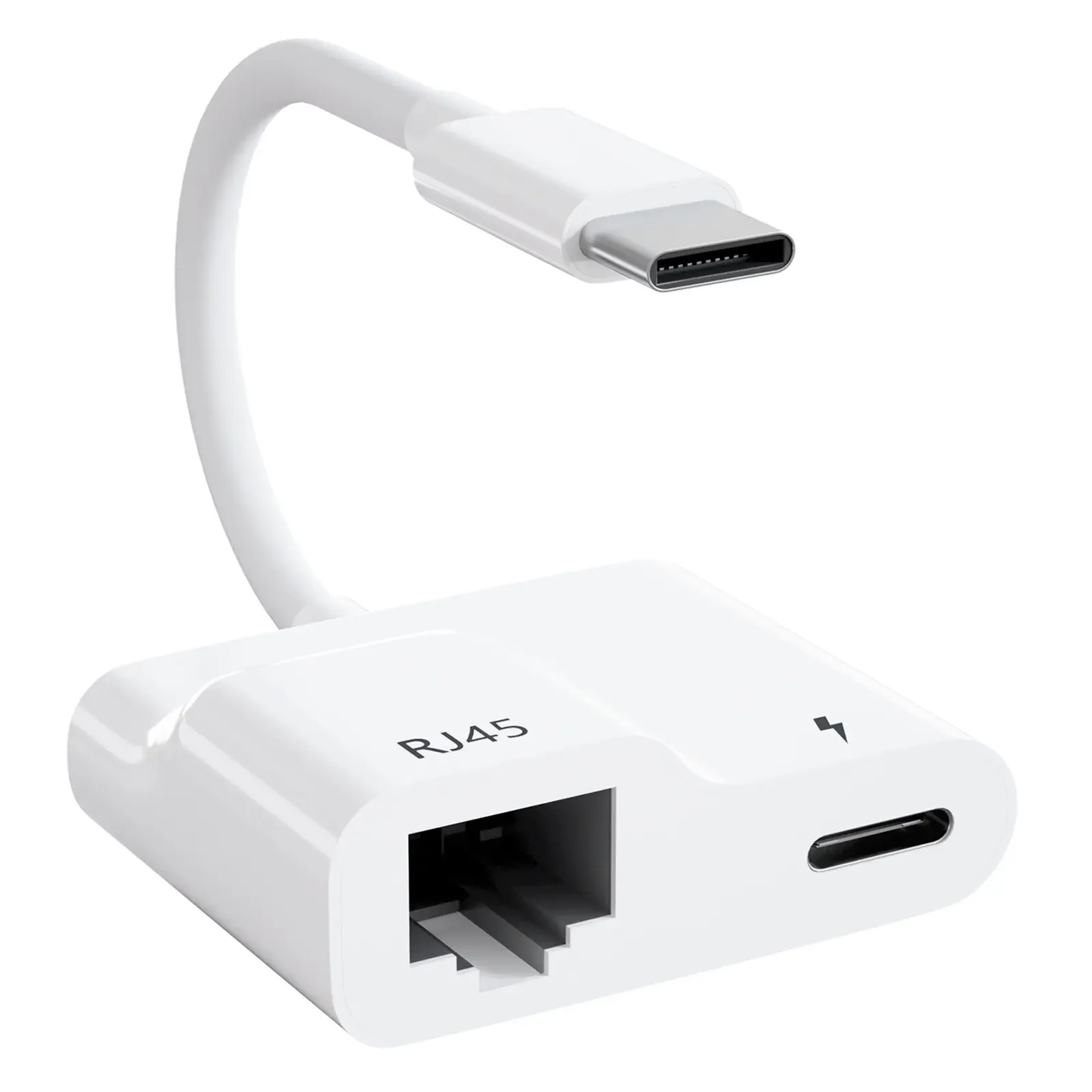 NightRide Ethernet Adapter featuring a USB-C male input with RJ45 Ethernet and USB-C power pass-through outputs for seamless connectivity and power delivery to NightRide thermal camera systems.
