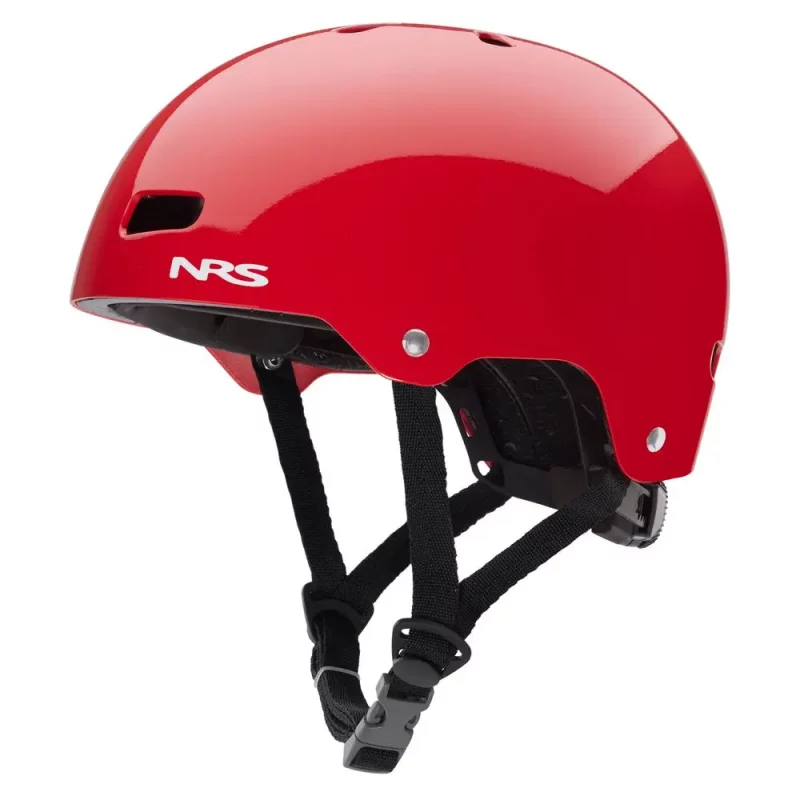 Front-left side view of the NRS Via Helmet in red, showcasing its sleek design, ventilation ports, and adjustable fit system for water rescue and paddling safety.