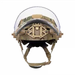 Front view of an EXFIL® Team Wendy® helmet in MultiCam® with face shield attachment raised up, showing tactical design and versatile protective configuration.