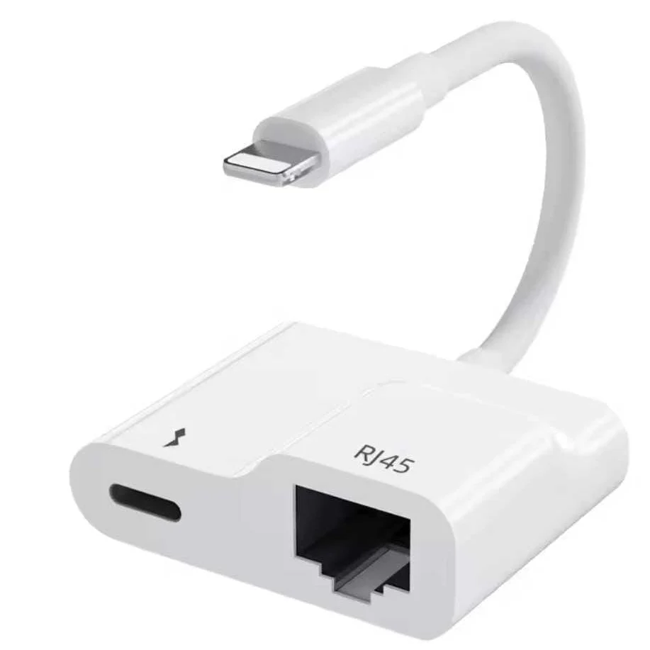NightRide Ethernet Adapter featuring a Lightning male input with RJ45 Ethernet and Lightning female output for simultaneous wired connectivity and device charging.