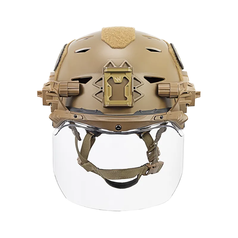 Front view of an EXFIL® Team Wendy® helmet in coyote brown with face shield attachment down, highlighting full-face protection and durable construction for operational safety.