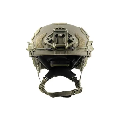 Front view of Team Wendy® RIFLETECH™ Helmet in tan displaying ballistic visor, front mount, and full-face protection design.