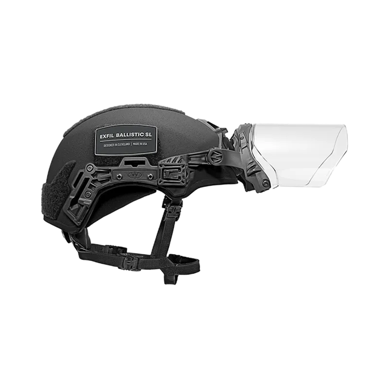 Right side view of an EXFIL® Team Wendy® helmet in black with face shield attachment raised up, showcasing streamlined profile and adjustable mounting hardware.