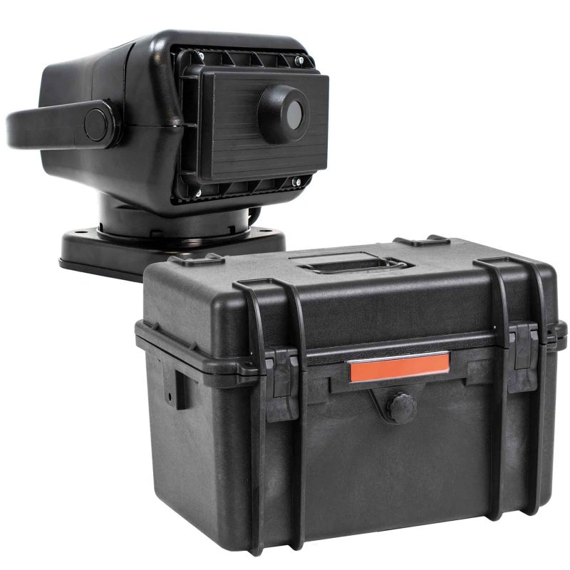NightRide 360 Classic Telephoto Thermal Camera with 35mm lens and 640 x 512 resolution shown next to its closed protective case.