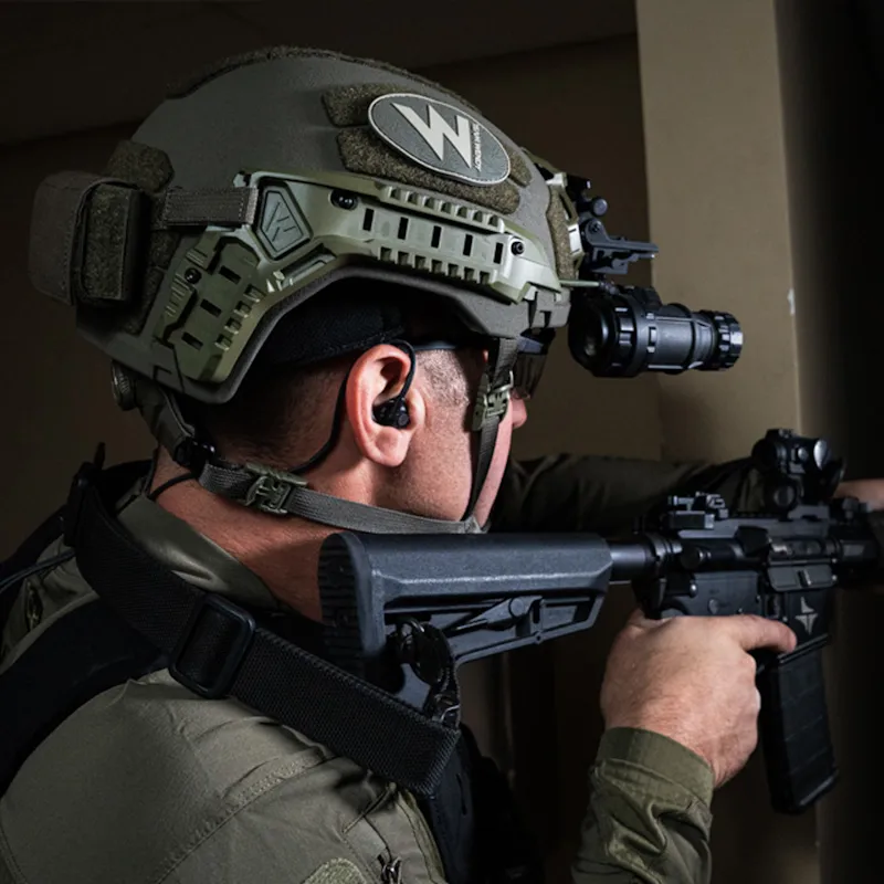 Soldier wearing the Team Wendy® RIFLETECH™ Helmet during operation or training, demonstrating its tactical fit, comfort, and compatibility with communication and protective gear.