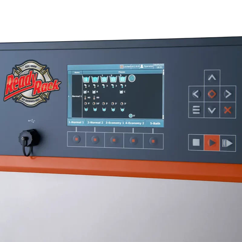 Close-up of Ready Rack™ Smart-Wash 62 extractor washer front panel and digital screen interface for gear cleaning controls.