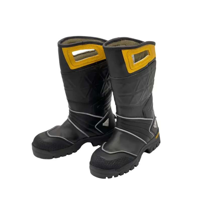 Front-side view of Veridian Vanquish structural firefighting boots showcasing rugged design and protective features for fireground safety