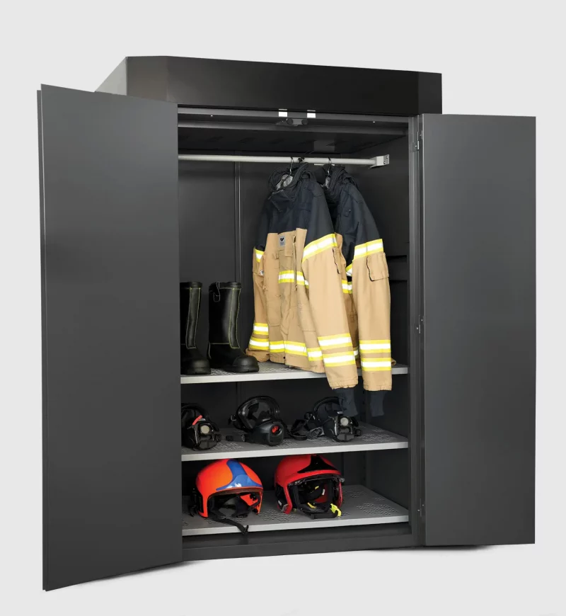 Open RESCUE Intellitech DC8 Drying Cabinet showing interior racks for efficient drying of firefighter turnout gear and PPE.