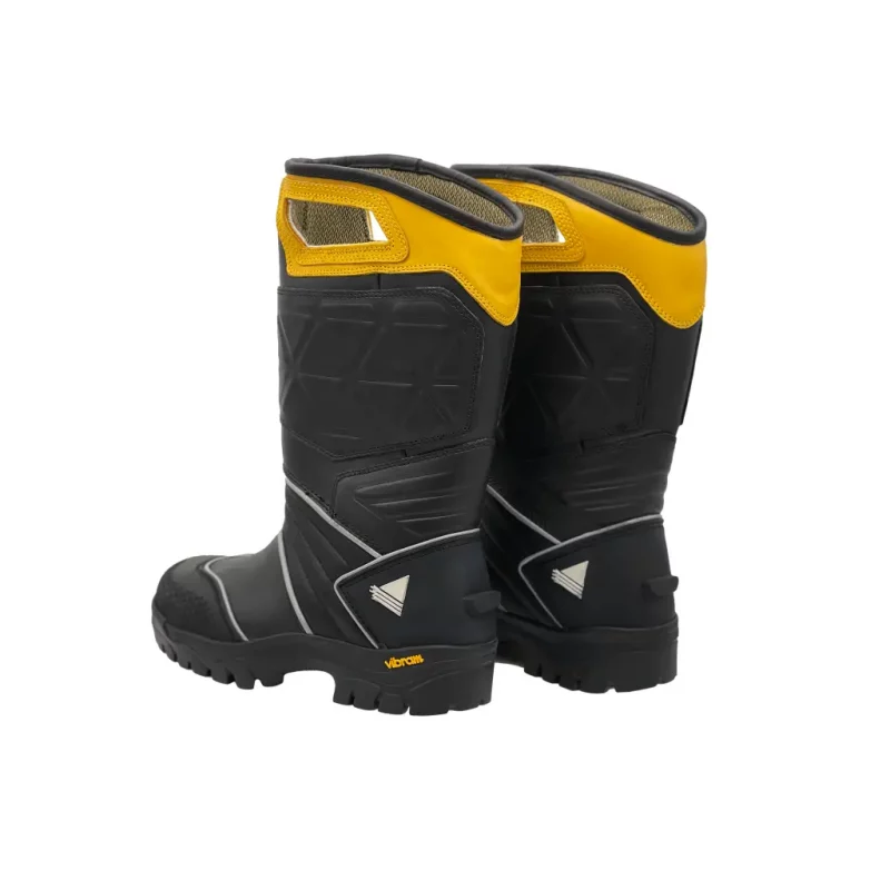 Back-side view of Veridian Vanquish structural firefighting boots highlighting heel support and durable construction for firefighter safety.